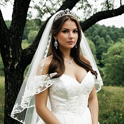 Brunette Bride in White Wedding Dress with Tiara