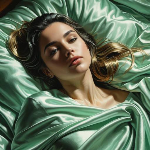 Woman's Face in Flowing Mint Green Satin