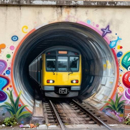 Photograph of a yellow train emerging from a graffiti-covered tunnel with colorful abstract designs, surrounded by overgrown plants and railway tracks.