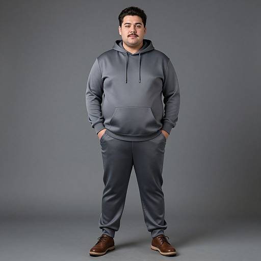 Photograph of a plus-sized, middle-aged man with short black hair and mustache, wearing a gray hoodie, matching pants, and brown shoes,