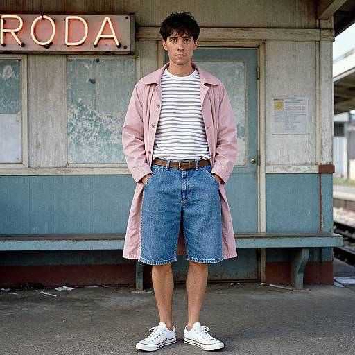 Photograph of a young man with short, dark hair, wearing a pink coat, white striped shirt, blue denim shorts, and white sneakers, standing