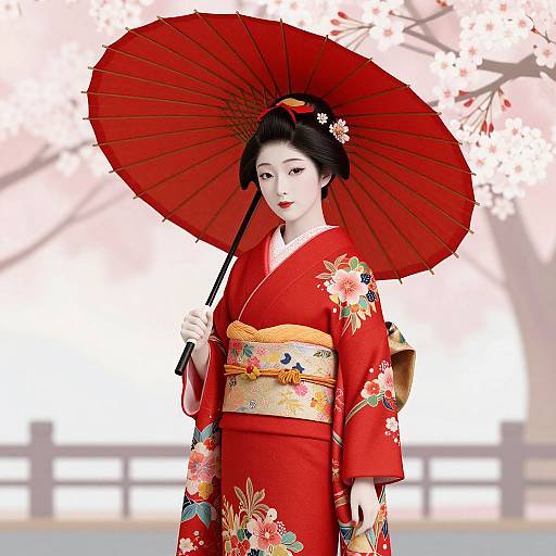 Digital illustration of a beautiful Japanese woman in a vibrant red floral kimono, holding a red parasol, standing under cherry blossoms.