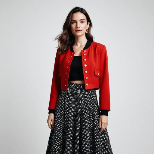 Confident Woman in Red Cropped Jacket and Polka Dot Skirt