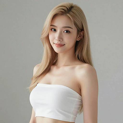 Photograph of a young Asian woman with long blonde hair, wearing a white tube top, smiling softly against a plain gray background.