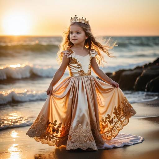 Toddler Girl in Princess Dress by Ocean Sunset