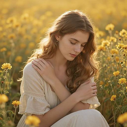 Photograph of a young woman with long, wavy brown hair, wearing a white, lace-trimmed dress, sitting in a sunlit field