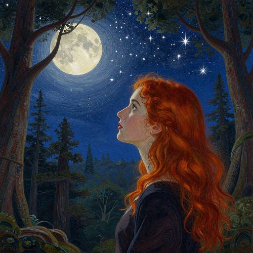 Digital painting of a red-haired woman with fair skin gazing at a bright full moon in a starry, forest night sky.