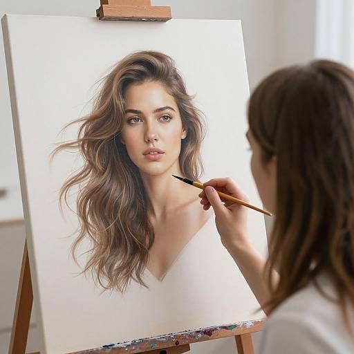 Photograph of a painter with brown hair, focused on a realistic portrait of a woman with wavy brown hair, soft features, and blue eyes on