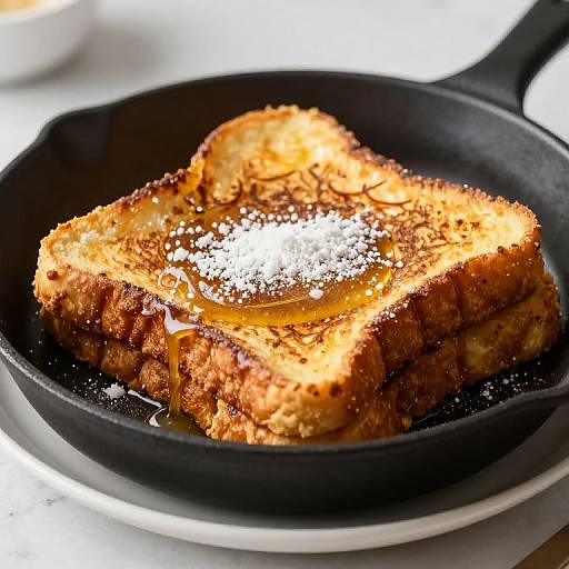 Photograph of golden-brown, crispy grilled bread in a black cast-iron skillet, topped with melted honey and a sprinkle of white sugar.