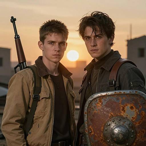 Young Men in Post-Apocalyptic Scene
