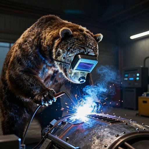 Bear Welding Spaceship in Sci-Fi Hangar