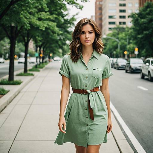 Woman in Light Green Tie-Waist Shirt Dress on City Sidewalk