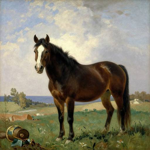 Realistic oil painting of a black and white horse standing in a grassy field with a spilled bucket and rural landscape in the background.