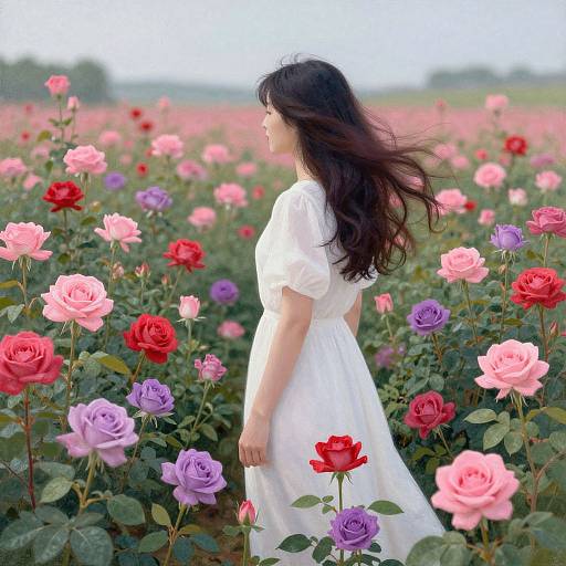 Photograph of a woman with long black hair in a white dress standing in a vibrant field of pink, red, and purple roses, with a blurred