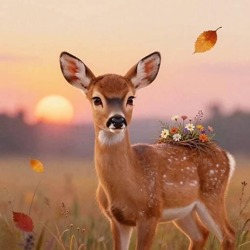 Photograph of a cute young deer with white-spotted fur, adorned with flowers on its back, standing in a sunset-lit meadow with autumn