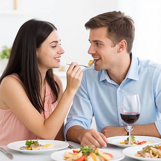 Photograph of a smiling couple sharing a meal at a bright, sunlit restaurant table, with the woman feeding the man.