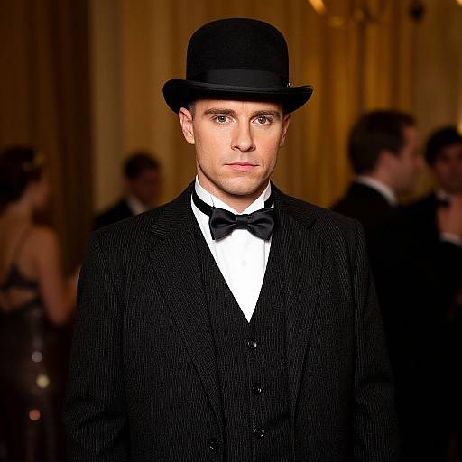 Photograph of a handsome Caucasian man in a black pinstripe suit, black bow tie, and black bowler hat, standing in a dimly
