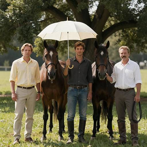 Men and Horse in Sunlit Field