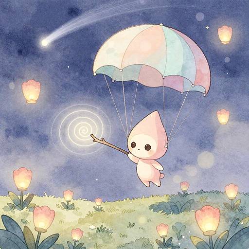 Whimsical Alien with Pastel Parachute Over Lantern-Flower Meadow