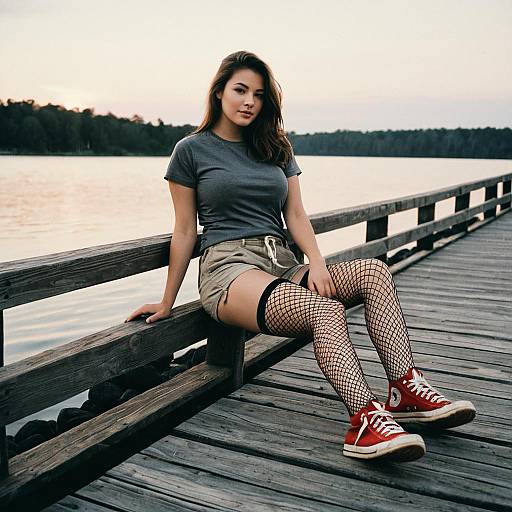Young Woman Sitting on Lakeside Boardwalk