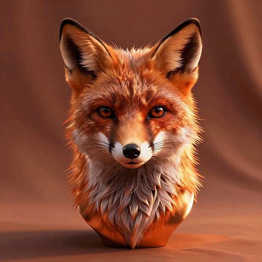Photorealistic digital artwork of a red fox with vibrant orange and white fur, intense amber eyes, and pointed ears, set against a warm, brown
