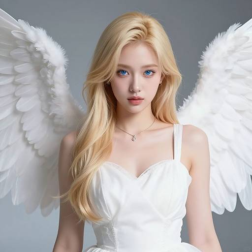 Digital artwork of a blonde, blue-eyed angel with white wings and a white dress, set against a gray background.