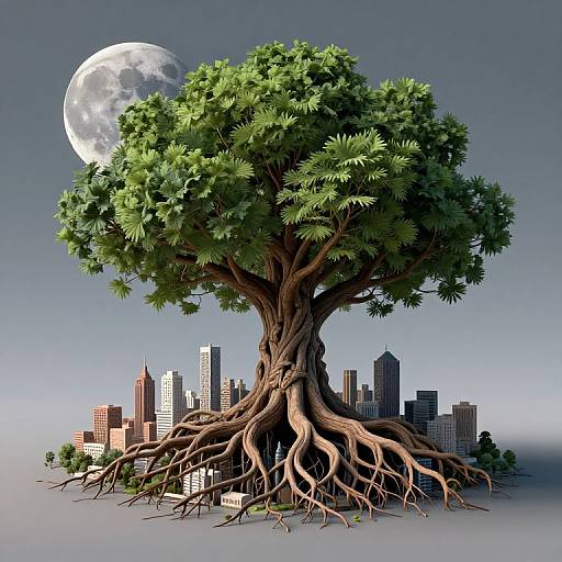 Digital artwork of a giant tree with sprawling roots, lush green foliage, and a full moon above a cityscape.