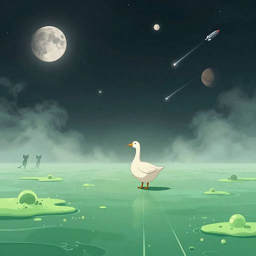 Digital artwork of a white duck standing on a glowing, green, moonlit sea with bubbles, cats in the distance, and shooting stars in the night