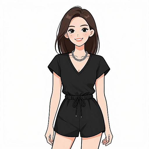 Digital anime-style drawing of a smiling woman with straight brown hair, wearing a black V-neck top and matching shorts, with a silver chain necklace. White