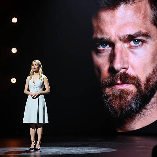Woman on Stage with Large Male Portrait Background