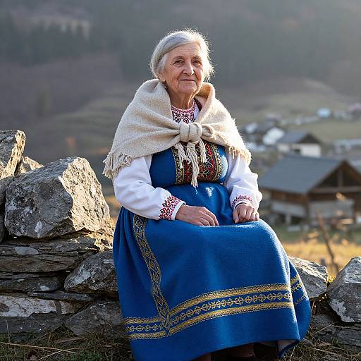 Photograph of an elderly woman with white hair, wearing a blue dress and white shawl, sitting on a stone wall, with a mountainous village