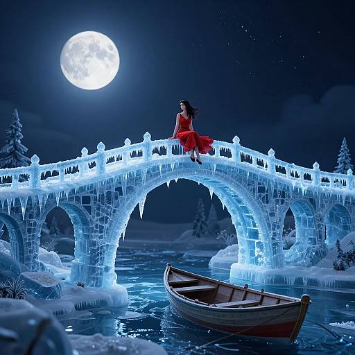 Digital artwork of a woman in a red dress sitting on a glowing, icy bridge at night, with a full moon, boat, and snow-covered trees
