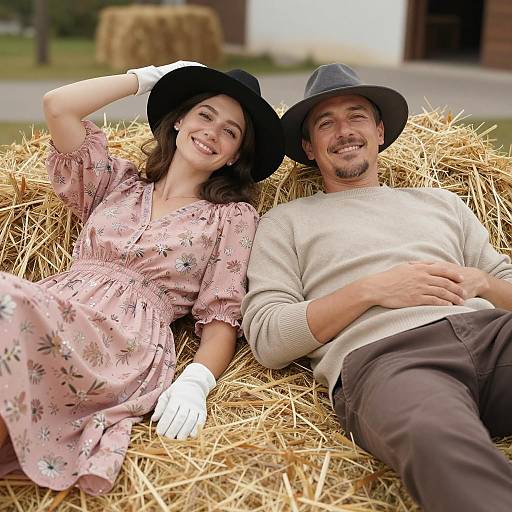 Couple Enjoying a Sunny Hay Bale Moment