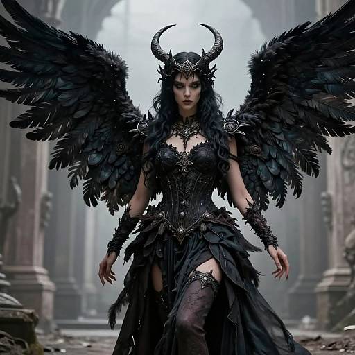 Digital artwork of a dark, winged demon queen with black feathers, horns, and intricate black armor in a misty, ruined cathedral.