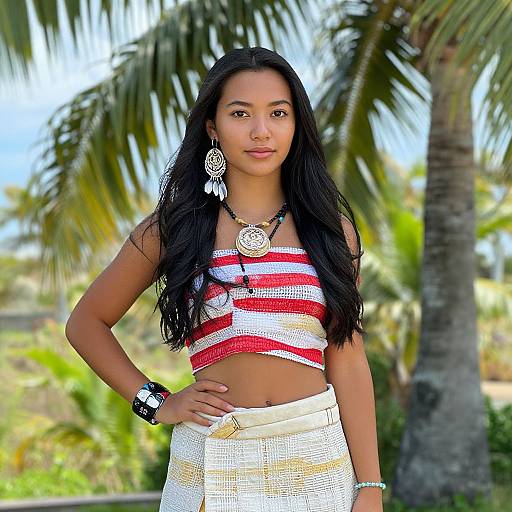 Photograph of a young Latina woman with long black hair, wearing a red and white striped crop top, white woven skirt, large circular earrings, and