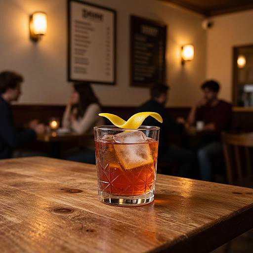 Photograph of a glass cocktail with a lemon garnish, ice, and a textured glass on a wooden bar table, in a dimly lit,