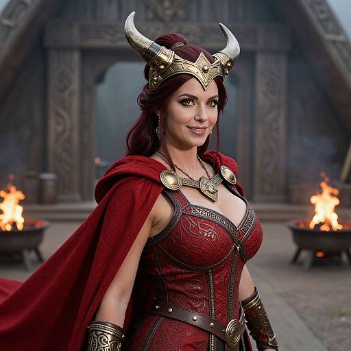 Digital illustration of a confident, dark-haired woman with red horns, wearing an ornate red corset and cape, standing before a medieval stone archway