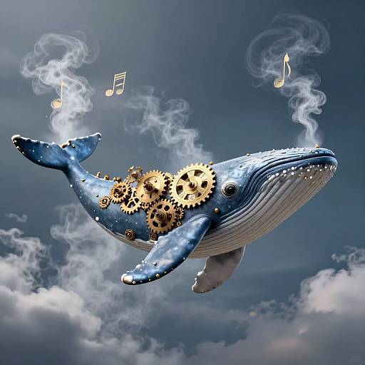 Digital artwork of a blue whale with gears inside, surrounded by musical notes and smoke, floating in a cloudy sky.
