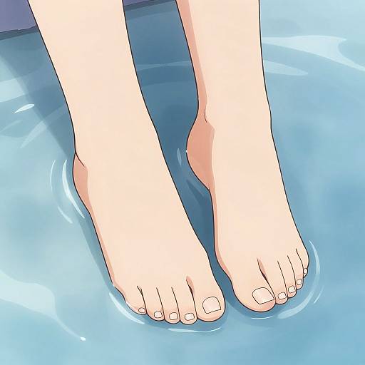 Digital illustration of pale, bare feet with white toenails standing in shallow, blue water. Smooth, light skin contrasts with the gentle ripples around the