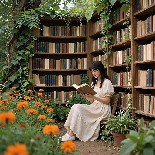 Asian woman with black hair reads book in white dress, surrounded by orange marigolds and lush greenery, against wooden bookshelves. Photographic