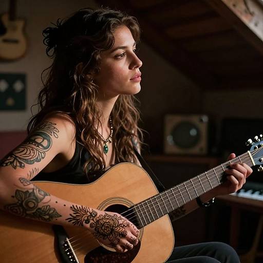 Photograph of a tattooed, curly-haired woman playing an acoustic guitar in a dimly-lit, rustic room, wearing a black tank top.