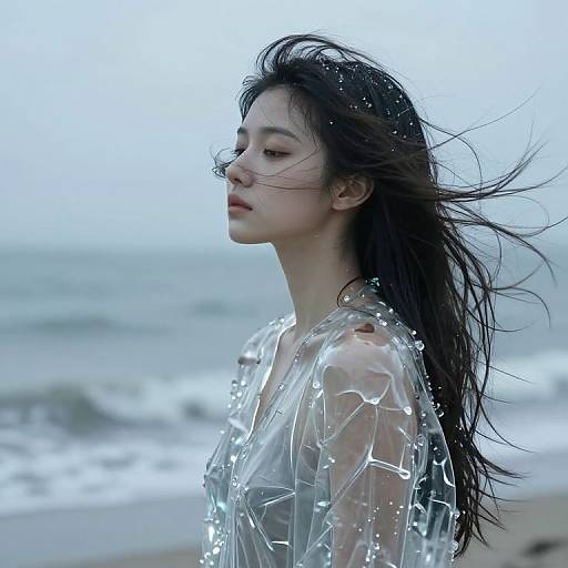 Photograph of an Asian woman with long, wet black hair, wearing a transparent, reflective plastic jacket, standing on a foggy, gray beach with
