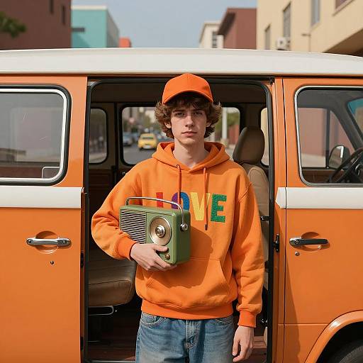 Young Man in Orange Hoodie Holding Vintage Radio by Retro Van