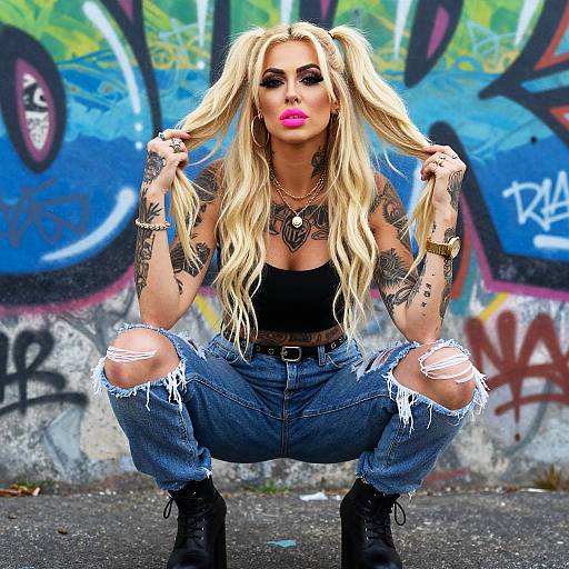 Photograph of a tattooed blonde woman with pink lipstick, black tube top, ripped jeans, and black boots, squatting in front of vibrant graffiti