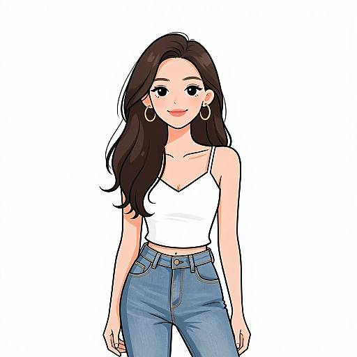 Digital anime-style drawing of a smiling woman with long black hair, wearing a white crop top and blue jeans, gold hoop earrings, and standing against a