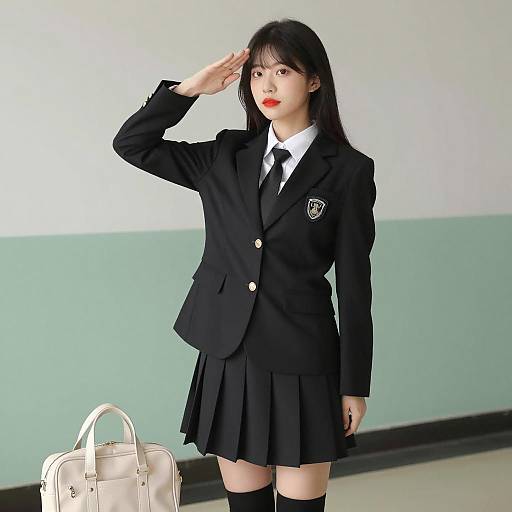 Asian Schoolgirl Saluting Indoors