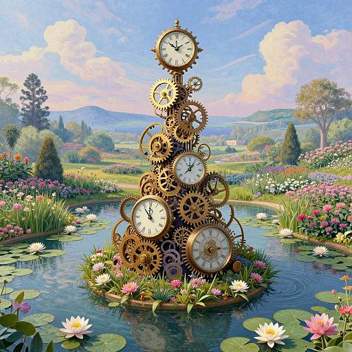 Steampunk clock tower made of gears, surrounded by lily pads and flowers, in a vibrant, sunny garden pond. Digital art.