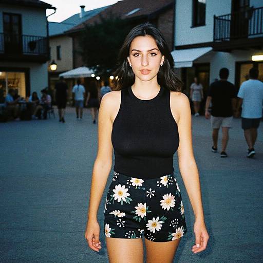 Photograph of a young woman with long black hair, wearing a black sleeveless top and black floral shorts, standing in a dimly lit, evening