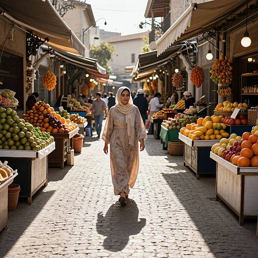 Photograph of a Middle Eastern market street: woman in white hijab and patterned dress walks down sunlit cobblestone path, surrounded by colorful