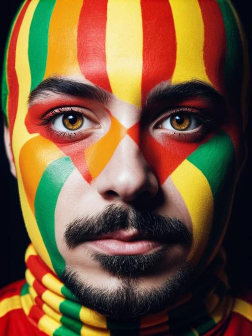 Close-up Portrait of Person in Colorful Skittles Costume